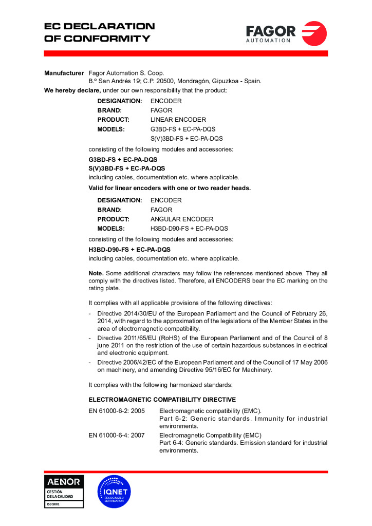 Linear/Angular Encoder Safety. EC declaration of conformity